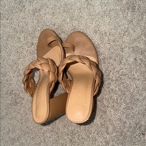 JustFab Braided Strap Block Heel Mules - Camel